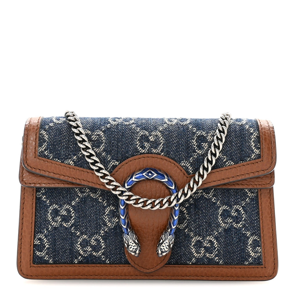 New Denim GG Monogram Dollar Calfskin Enamel Super Mini Dionysus Shoulder Bag Blue Tea Cuir Epilog Electric Blue