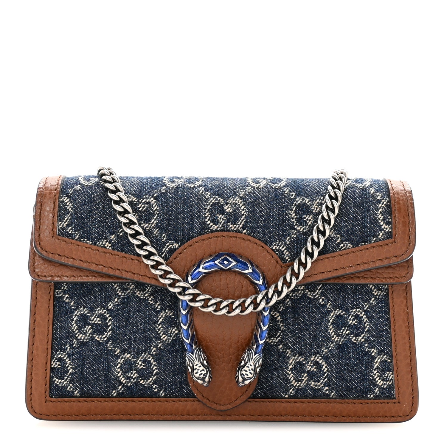 New Denim GG Monogram Dollar Calfskin Enamel Super Mini Dionysus Shoulder Bag Blue Tea Cuir Epilog Electric Blue