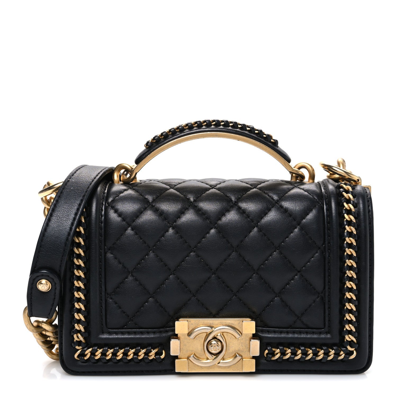 Lambskin Quilted Small Top Handle Boy Flap Black