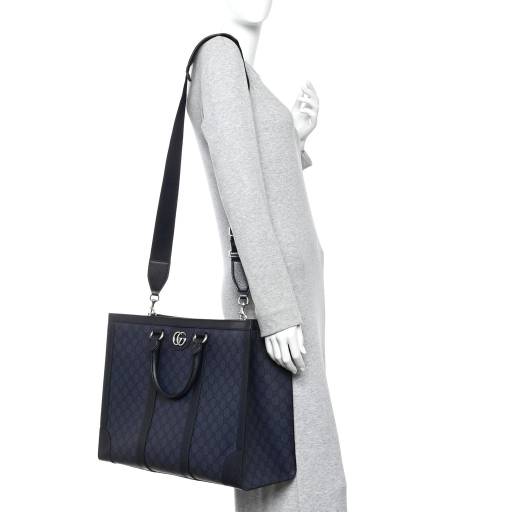 GG Supreme Monogram Textured Dollar Calfskin Large Ophidia Tote Bag Black Blue