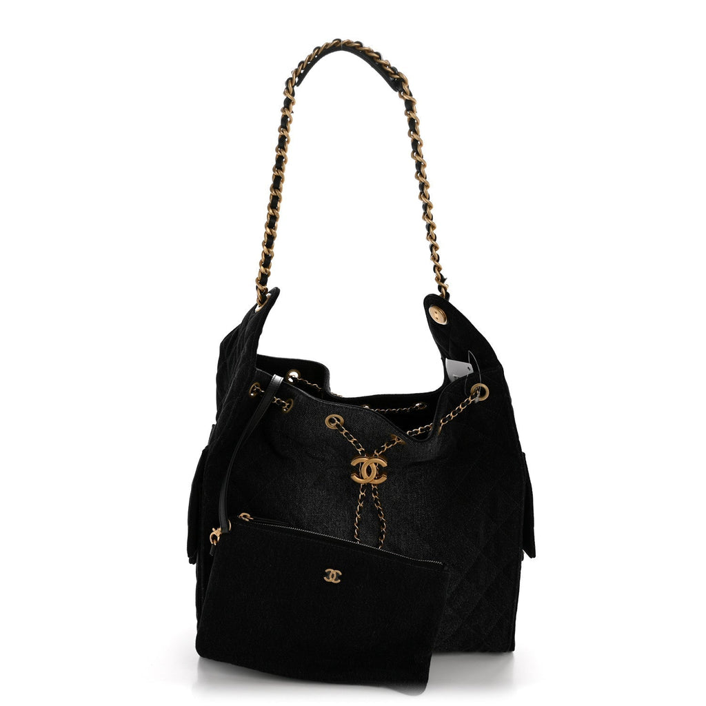Washed Denim Quilted Medium Chanel 25 Handbag Black