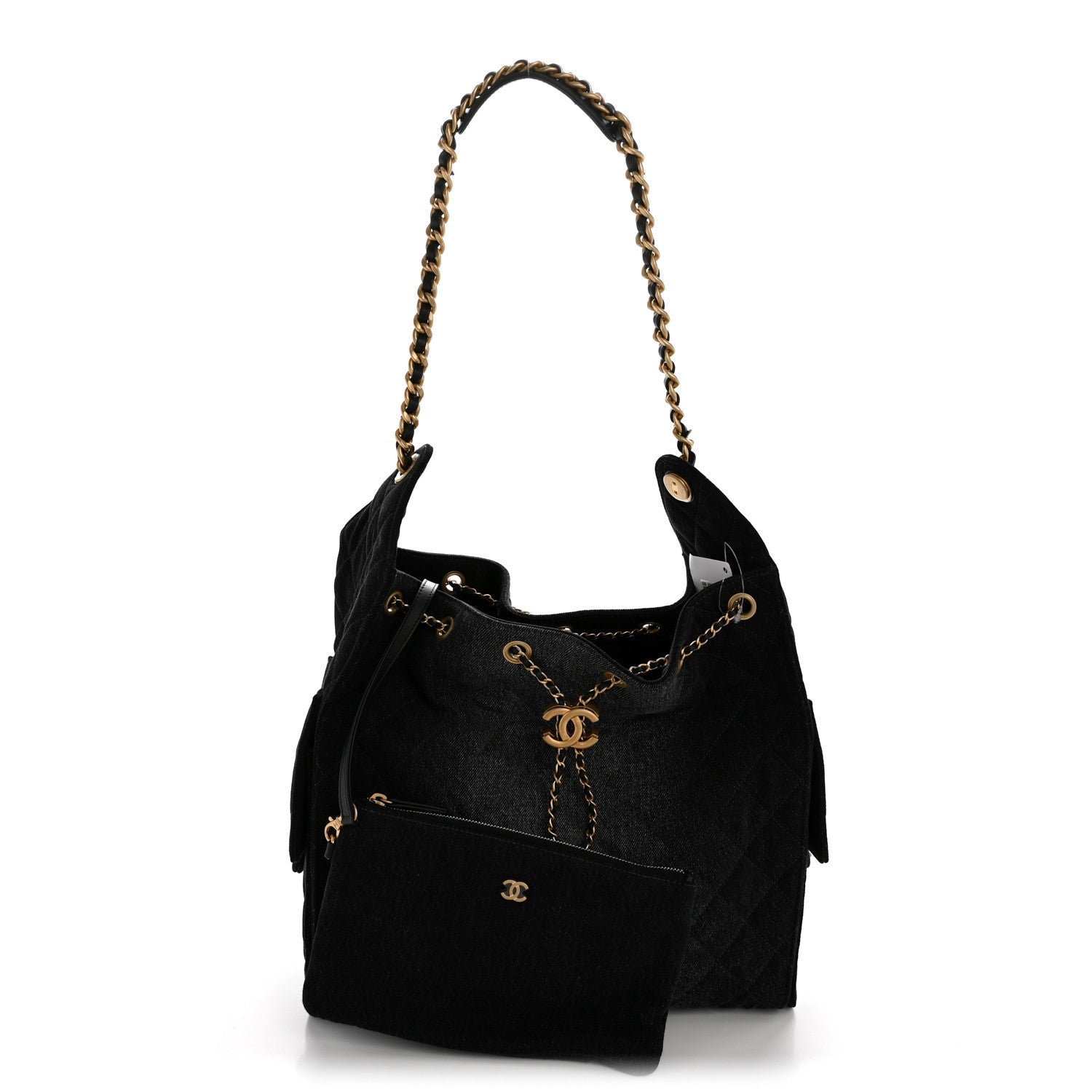 Washed Denim Quilted Medium Chanel 25 Handbag Black