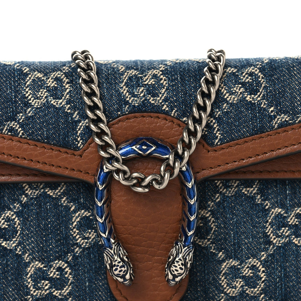 New Denim GG Monogram Dollar Calfskin Enamel Super Mini Dionysus Shoulder Bag Blue Tea Cuir Epilog Electric Blue