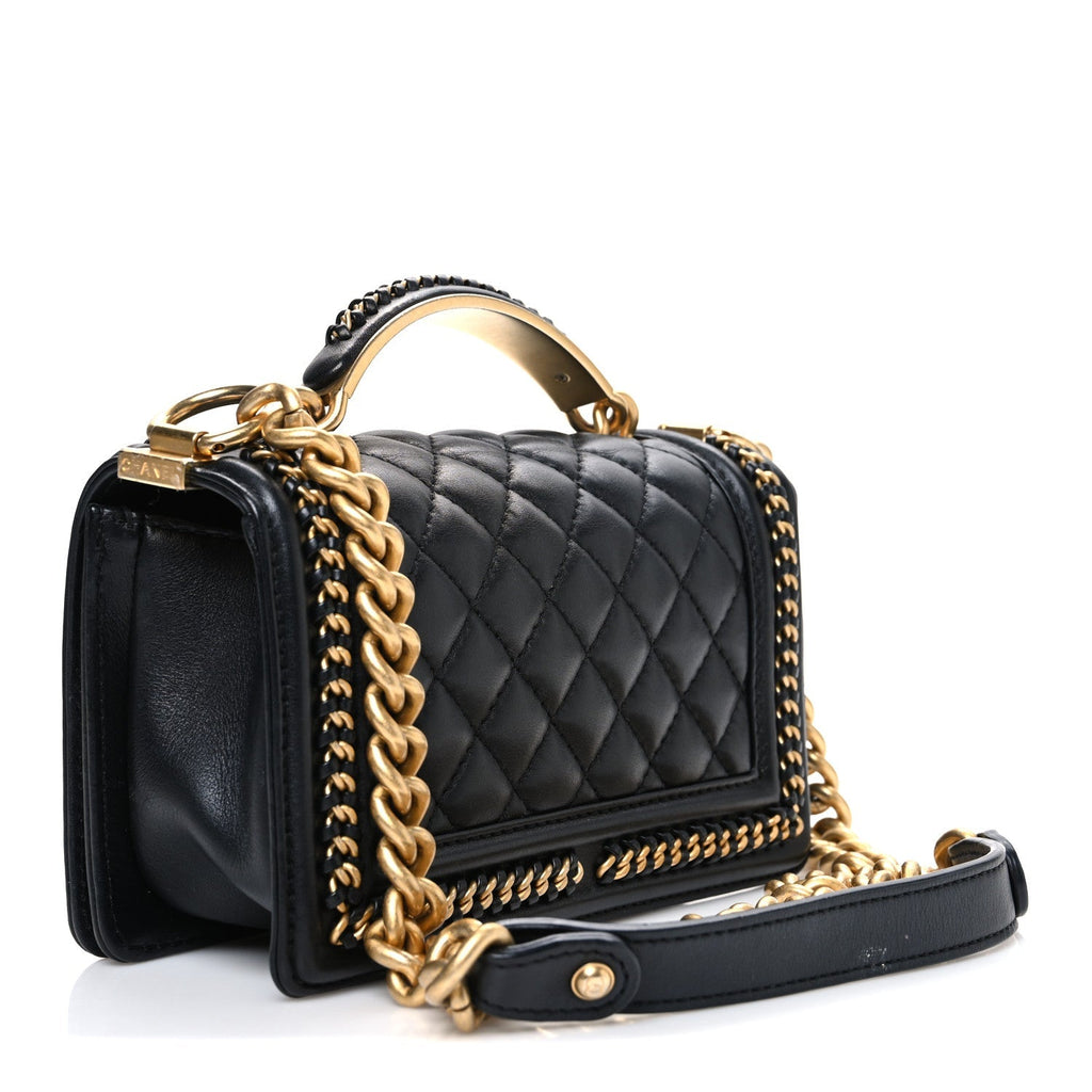 Lambskin Quilted Small Top Handle Boy Flap Black