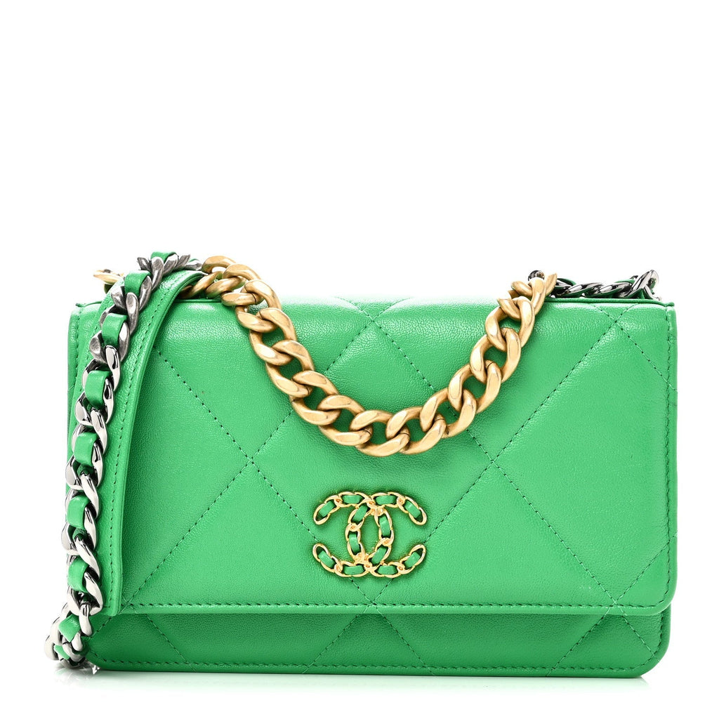 Shiny Goatskin Quilted Chanel 19 Wallet On Chain WOC Green