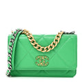 Shiny Goatskin Quilted Chanel 19 Wallet On Chain WOC Green