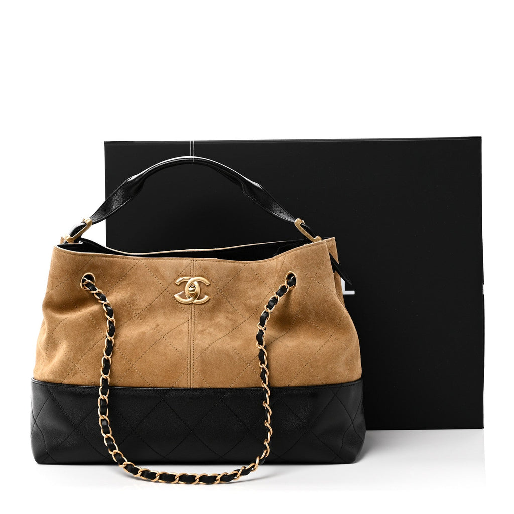Suede Calfskin Shiny Lambskin Quilted Small Coco Base Shopping Bag Beige Black