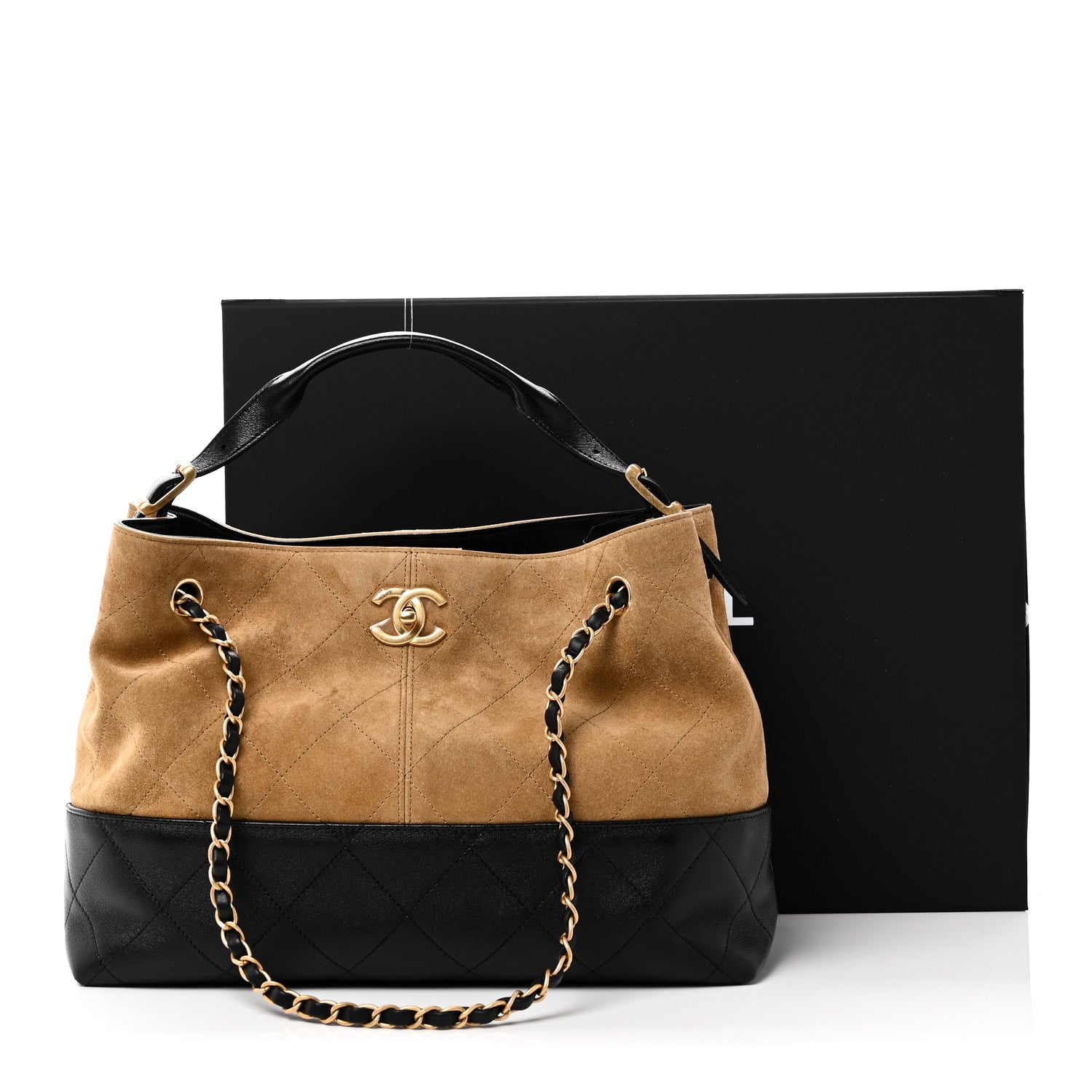 Suede Calfskin Shiny Lambskin Quilted Small Coco Base Shopping Bag Beige Black