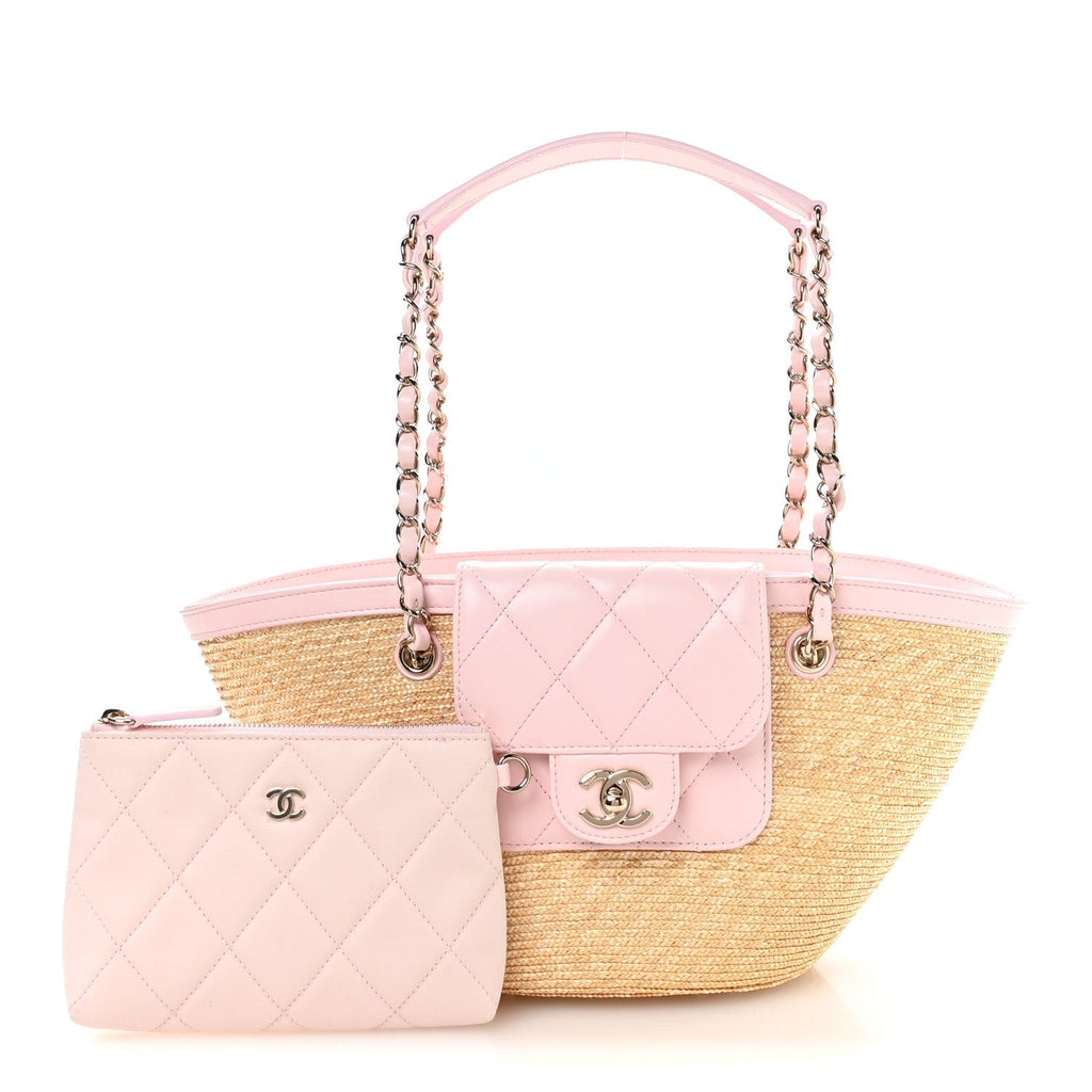 Raffia Lambskin Small Wicker Tote Beige Light Pink