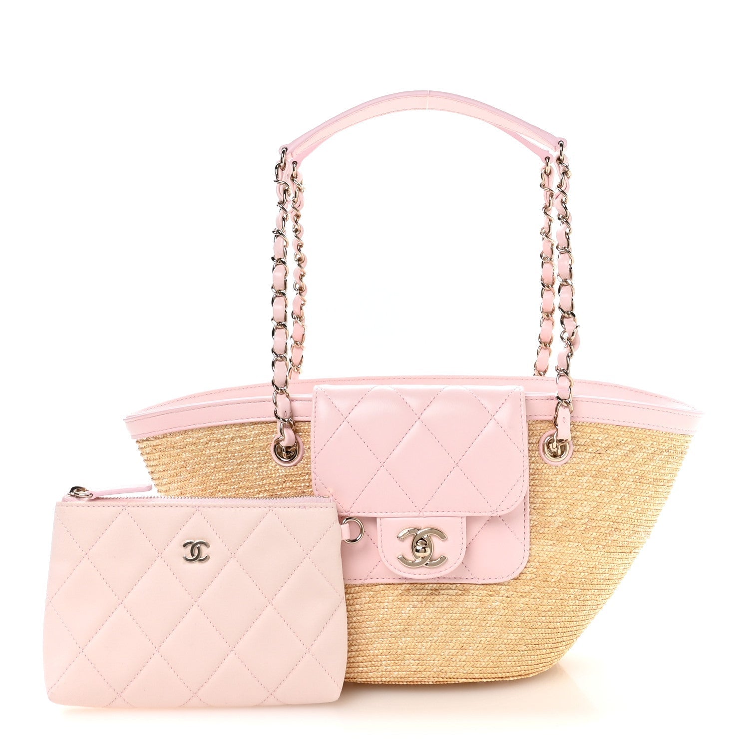Raffia Lambskin Small Wicker Tote Beige Light Pink
