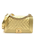 Metallic Patent Calfskin Quilted Medium Boy Flap Gold