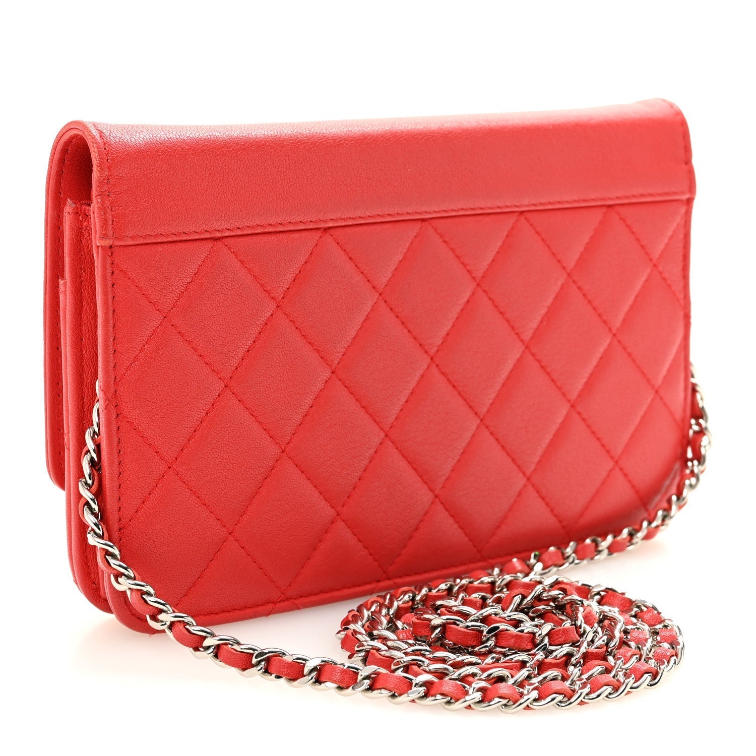 Grained Calfskin Quilted CC Box Wallet On Chain WOC Red
