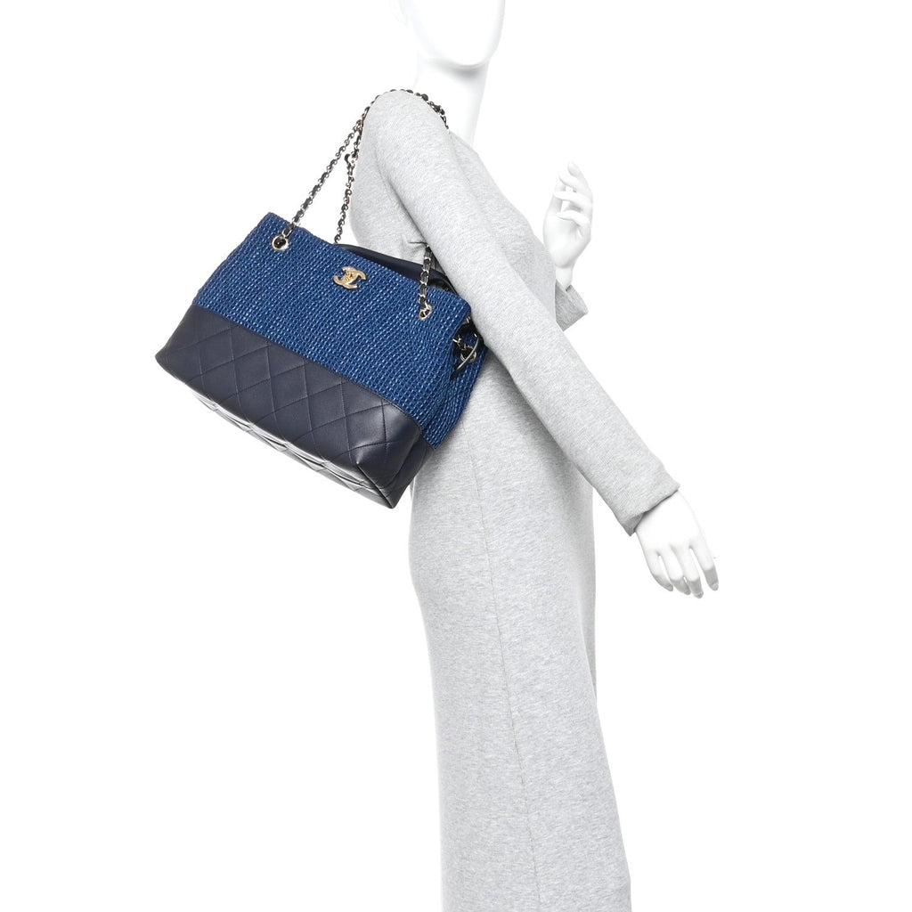 Tweed Shiny Lambskin Quilted Coco Base Small Shopping Bag Dark Blue