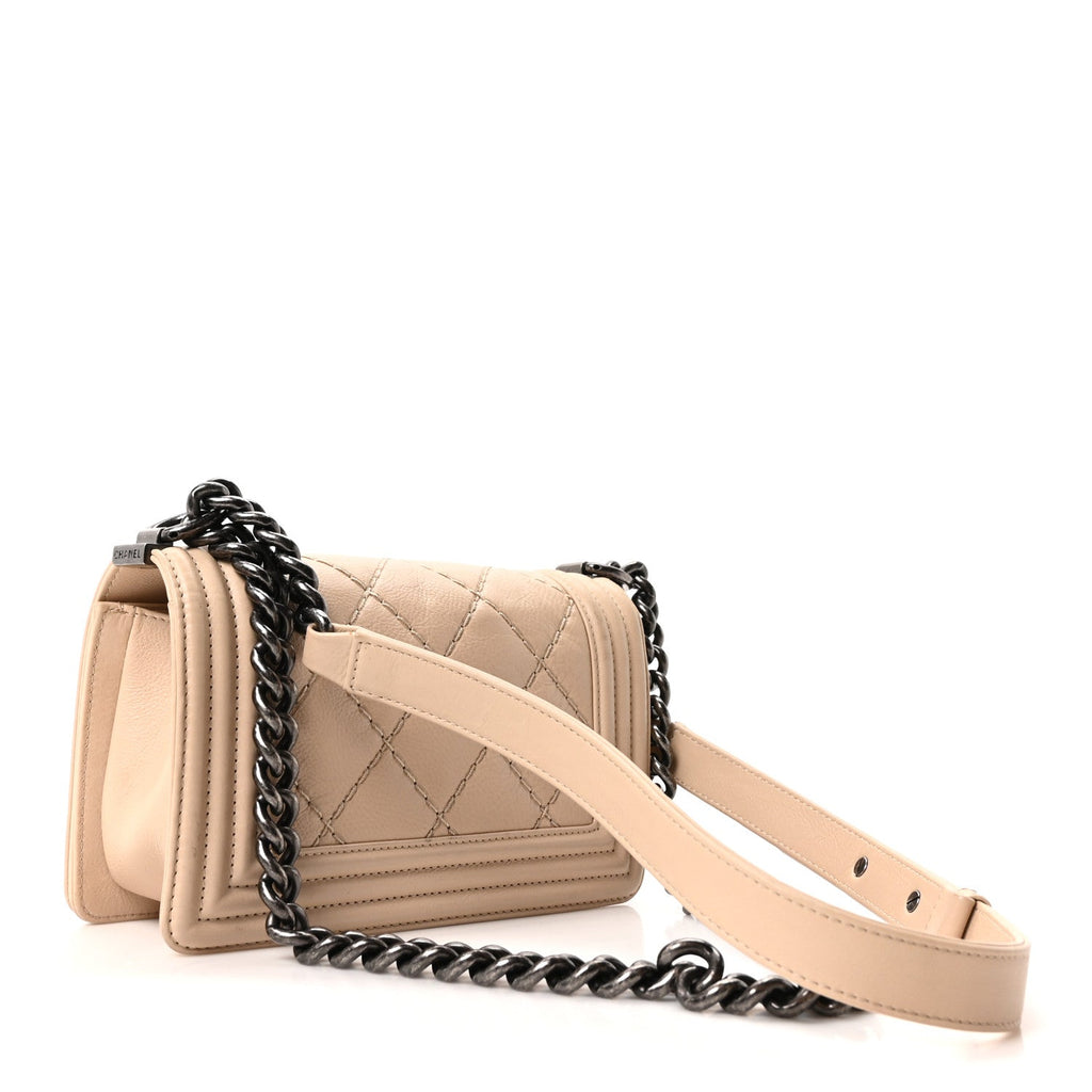 Calfskin Double Stitch Small Boy Flap Beige