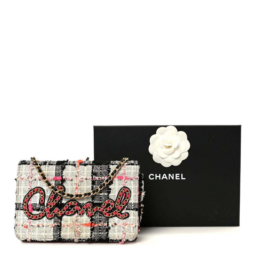 Tweed Calfskin Signe Wallet On Chain WOC Black Pink Orange