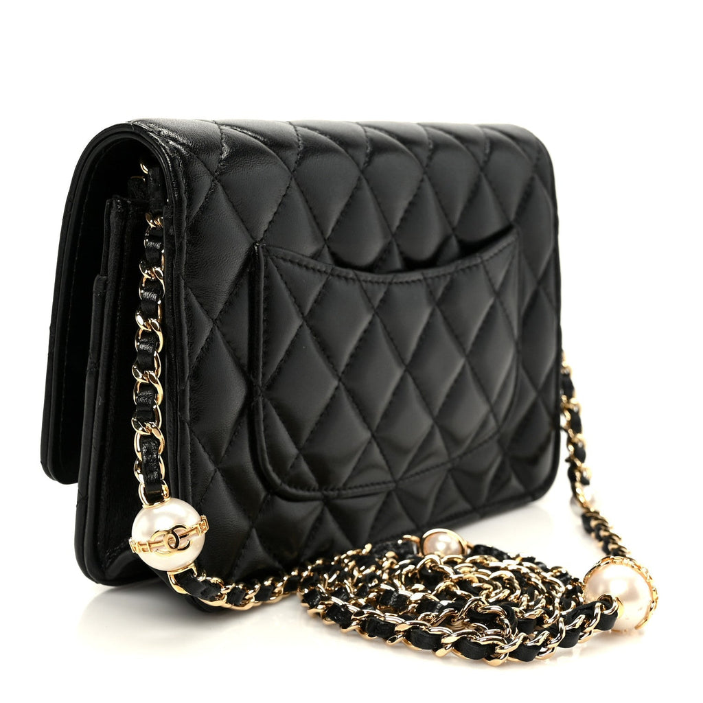 Shiny Lambskin Quilted CC Pearl Wallet on Chain WOC Black