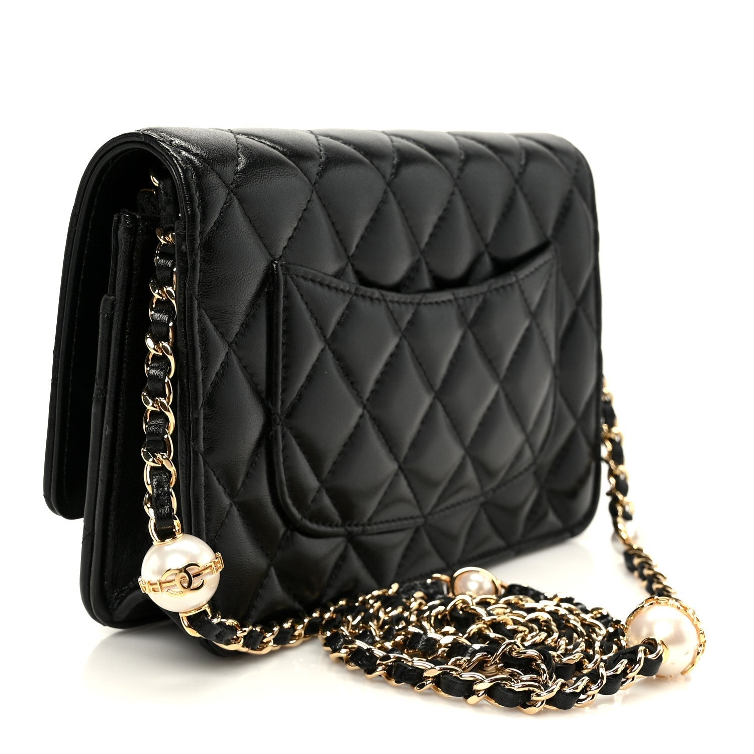 Shiny Lambskin Quilted CC Pearl Wallet on Chain WOC Black