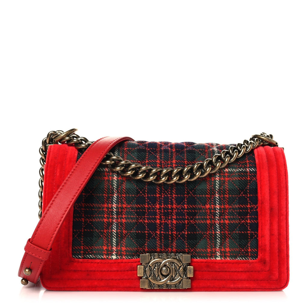 Velvet Plaid Tartan Quilted Medium Boy Flap Red