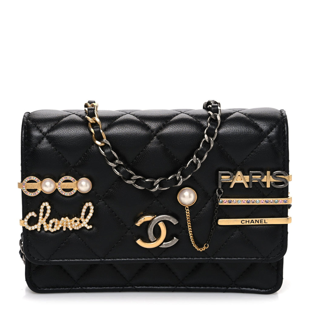 Lambskin Quilted Coco Clips Mini Wallet On Chain WOC Black
