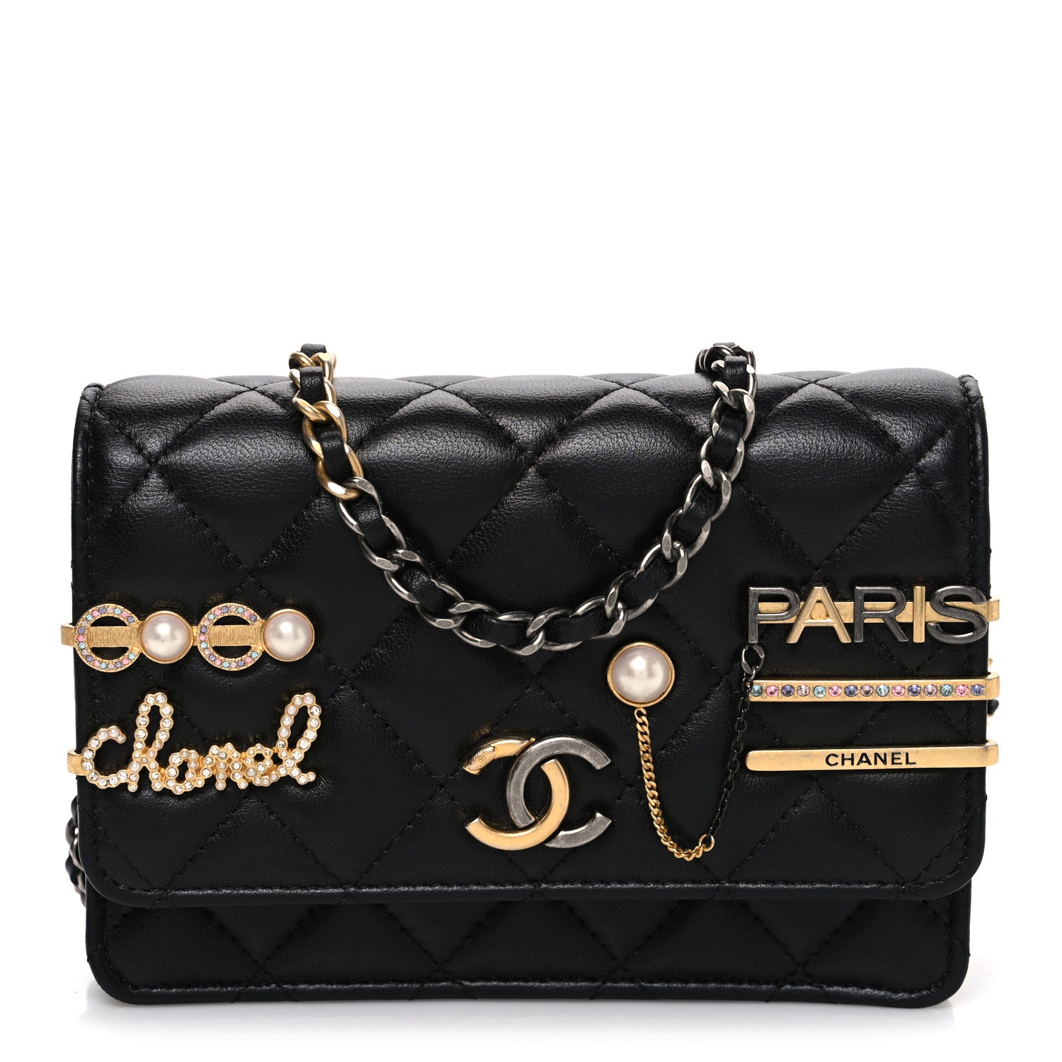 Lambskin Quilted Coco Clips Mini Wallet On Chain WOC Black