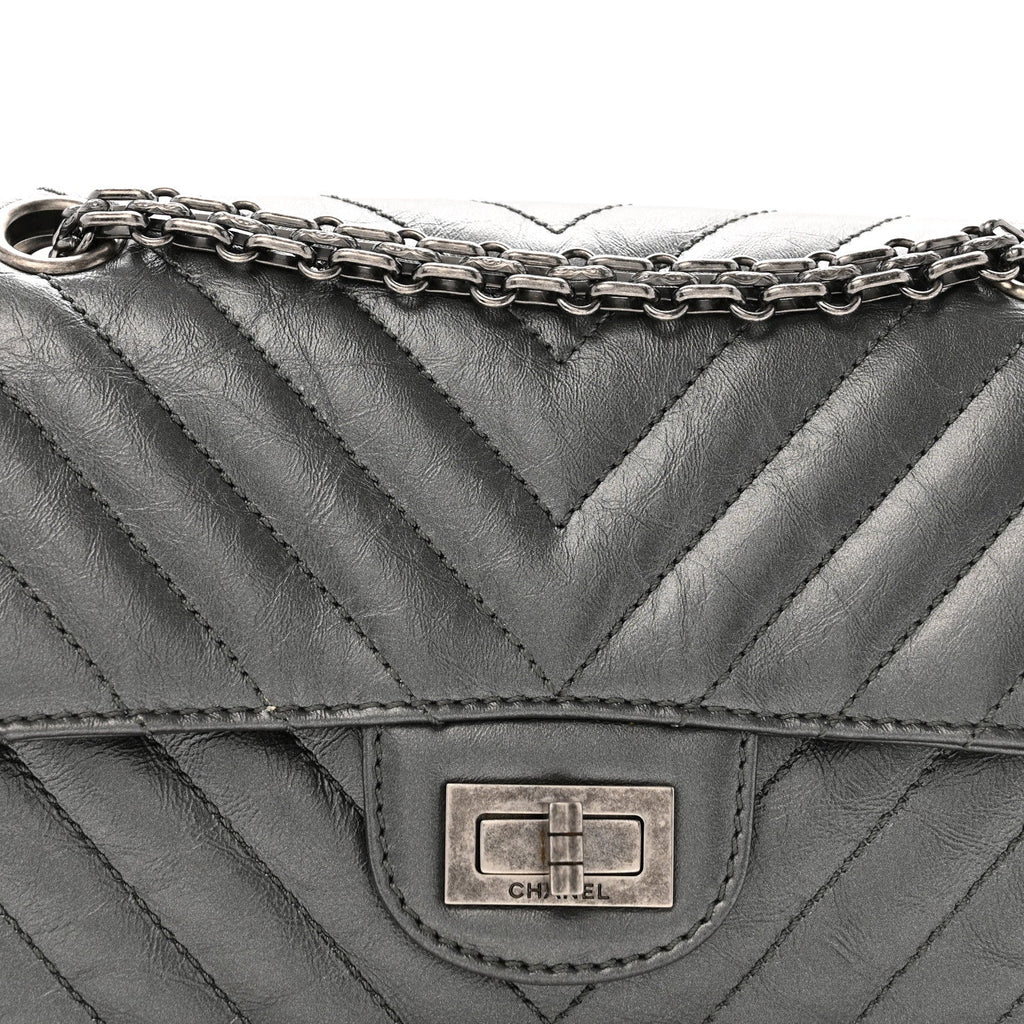 Metallic Aged Calfskin Chevron Quilted 2.55 Reissue Mini Flap Grey