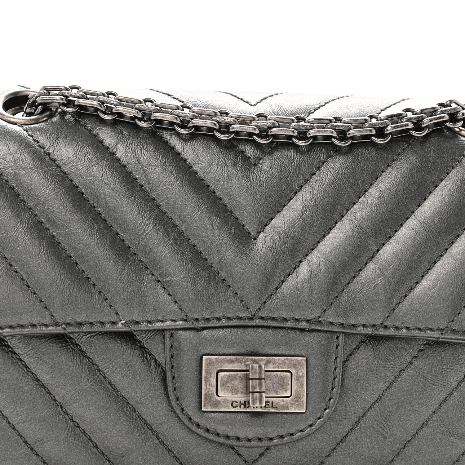 Metallic Aged Calfskin Chevron Quilted 2.55 Reissue Mini Flap Grey