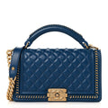Calfskin Quilted Medium Boy Top Handle Flap Blue