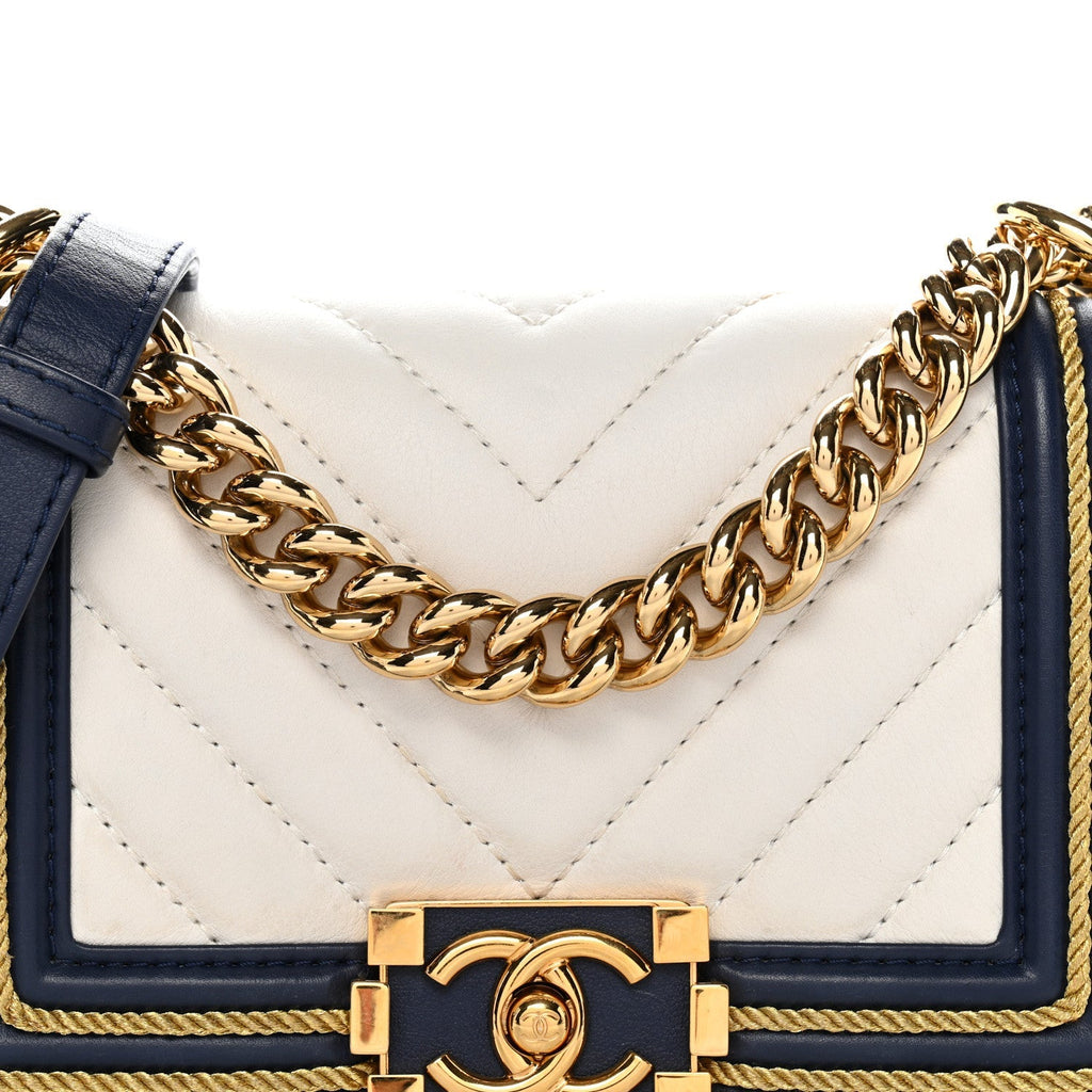 Calfskin Chevron Quilted Braided Small Boy Flap White Navy