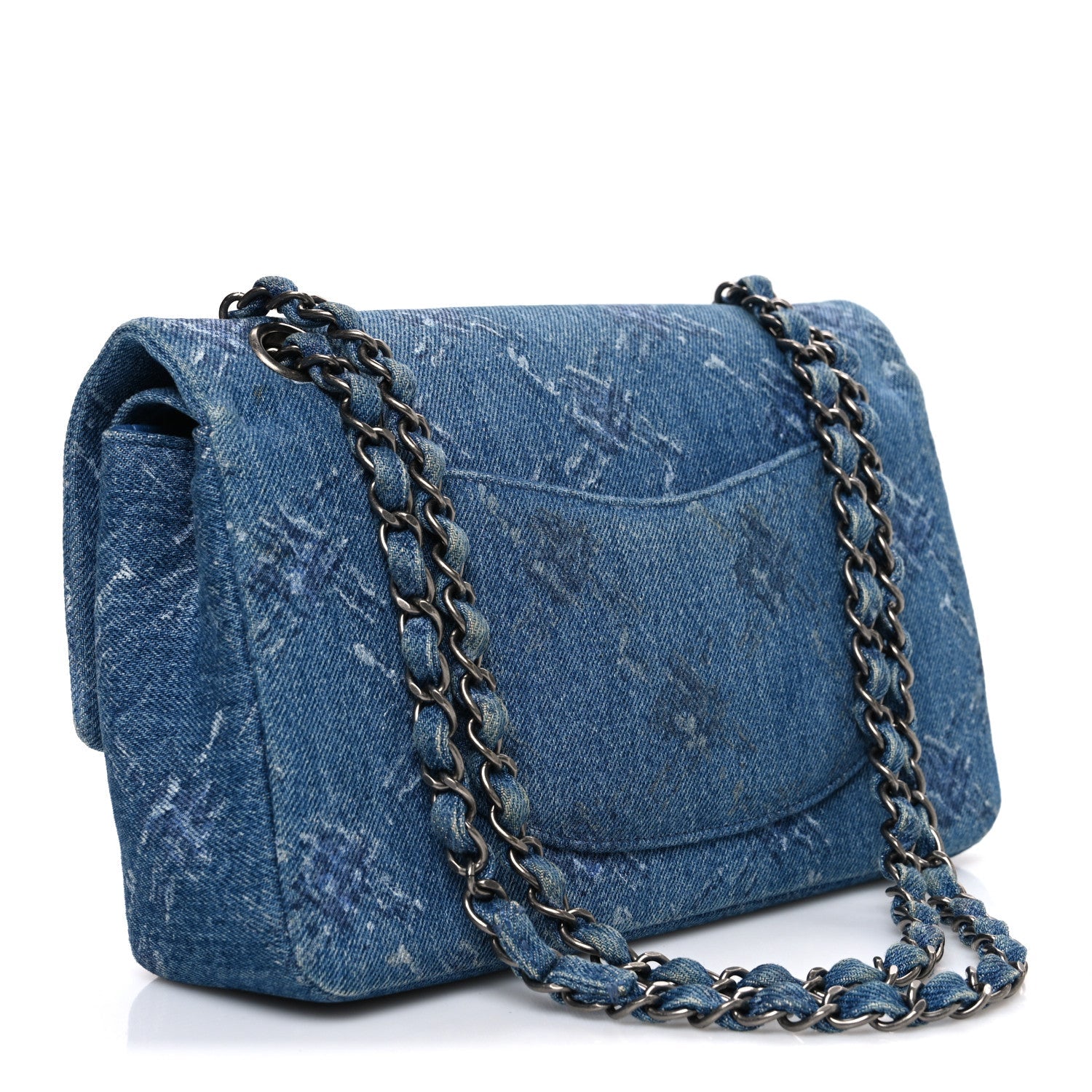 Denim Bleached Chain Medium Double Flap Blue