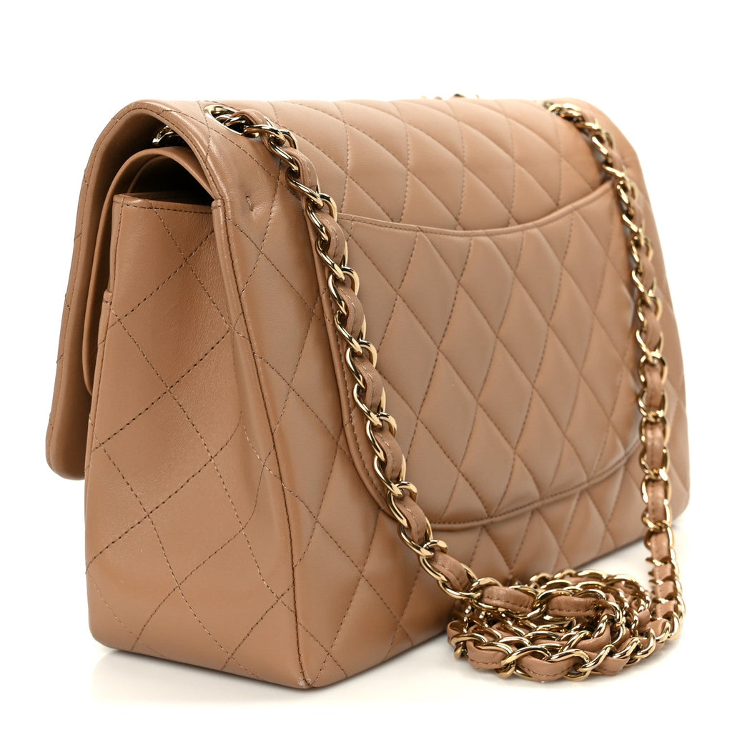 Lambskin Quilted Jumbo Double Flap Dark Beige