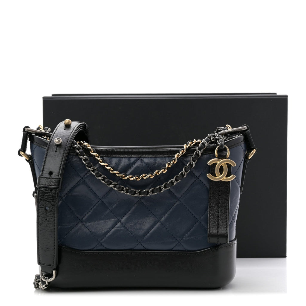 Aged Calfskin Quilted Small Gabrielle Hobo Navy Black