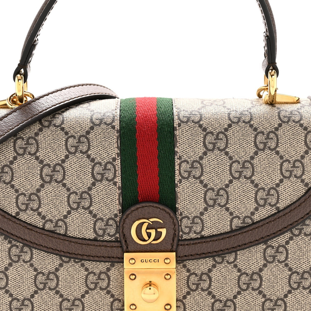 GG Supreme Monogram Textured Dollar Calfskin Web Small Ophidia Padlock Top Handle Bag Beige Ebony New Acero