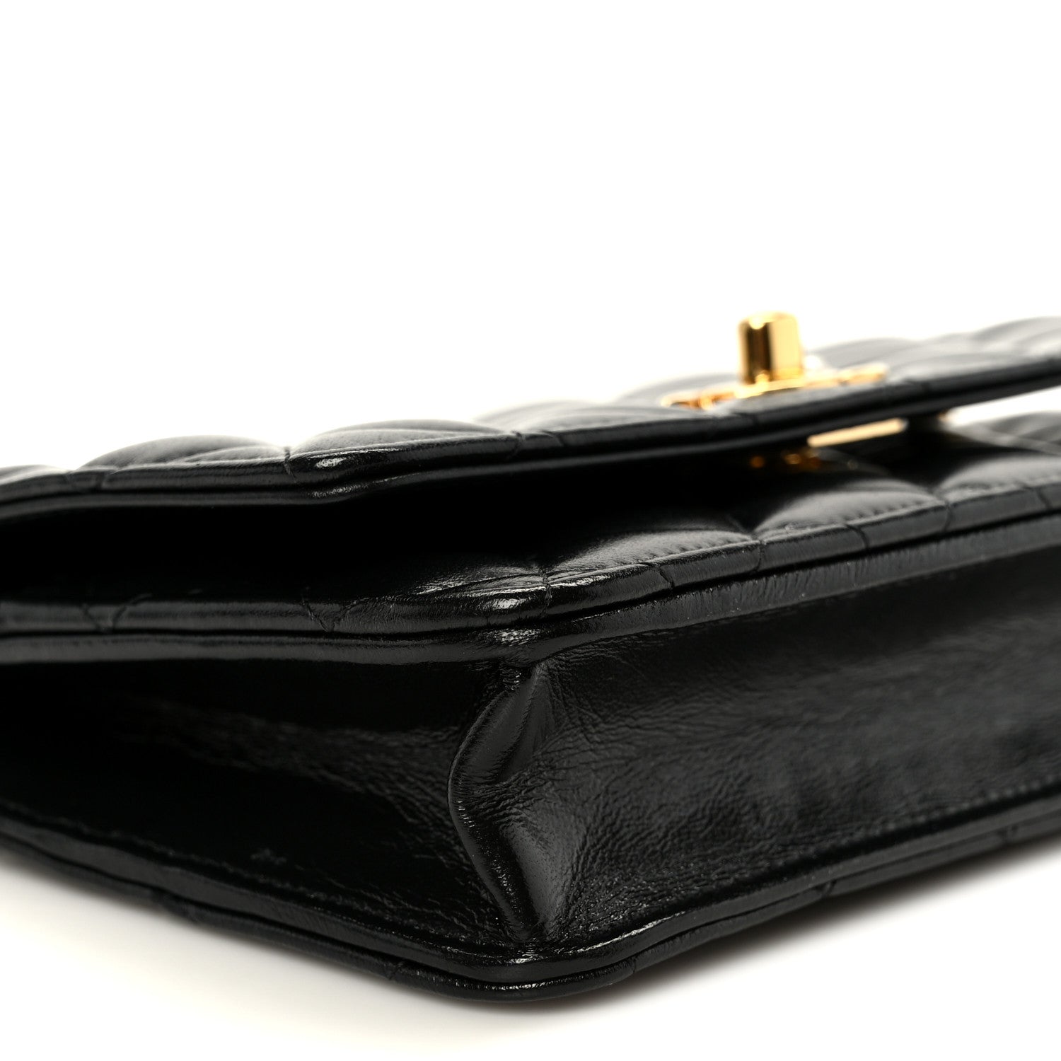 Shiny Lambskin Quilted CC Pearl Wallet on Chain WOC Black
