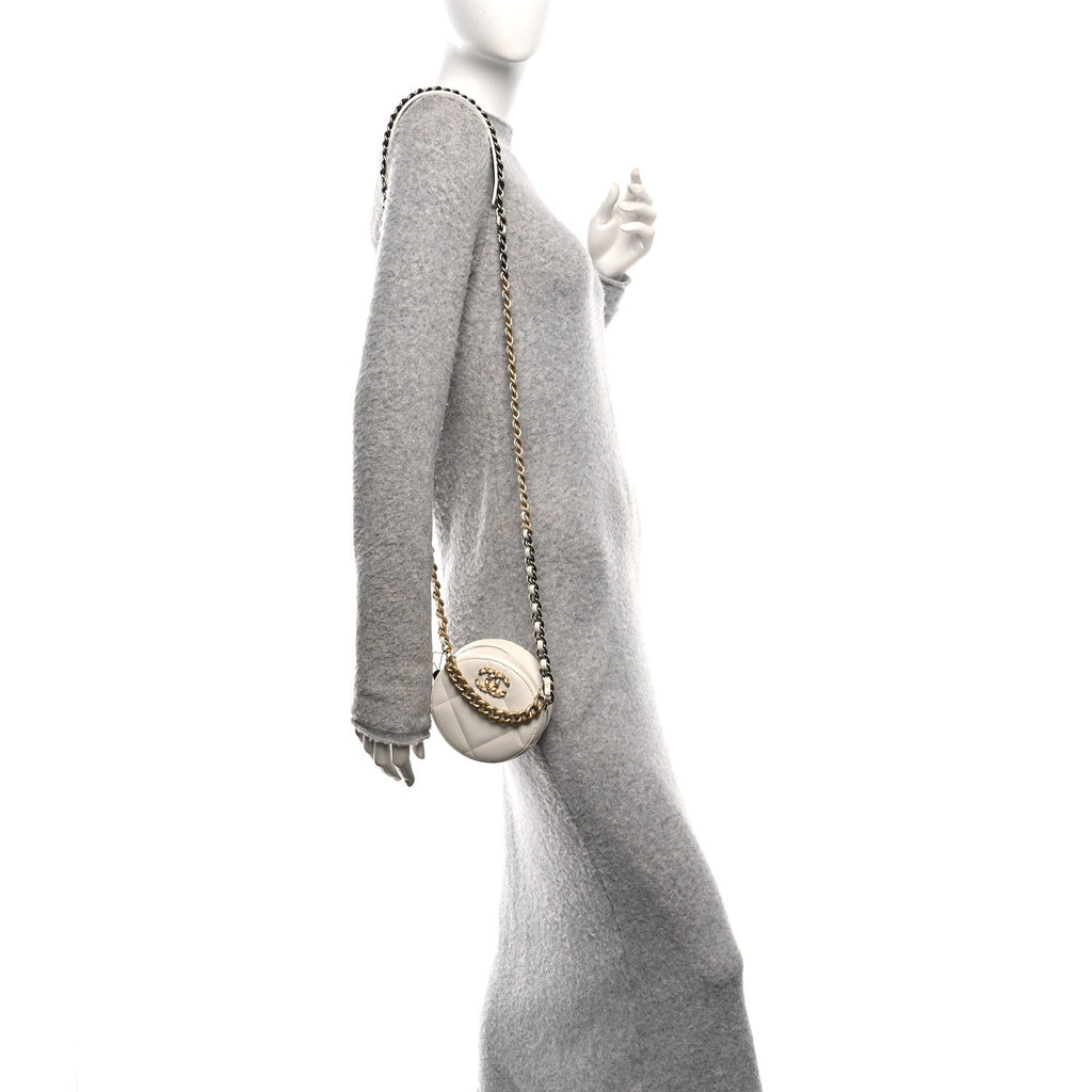 Shiny Goatskin Quilted Chanel 19 Round Clutch With Chain White