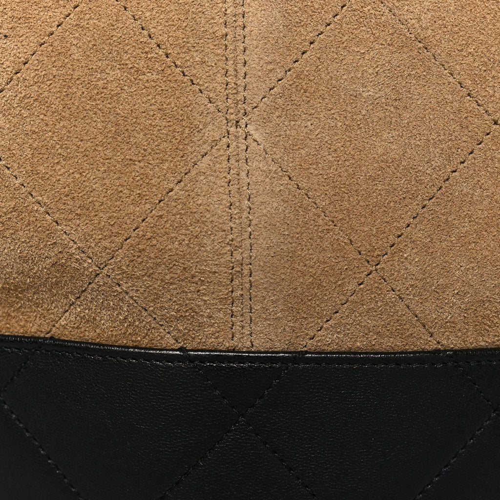 Suede Shiny Lambskin Quilted Large Shopping Bag Beige Black