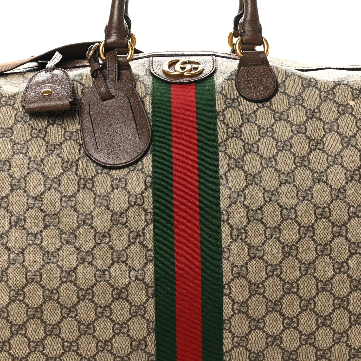 GG Supreme Monogram Textured Dollar Calfskin Web Medium Ophidia Carry-On Duffle Bag Beige Ebony New Acero