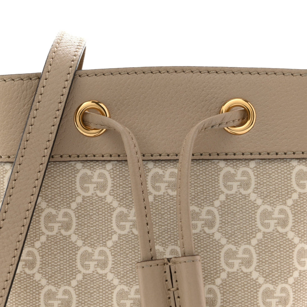 GG Supreme Monogram Textured Calfskin Web Mini Ophidia Bucket Bag Beige Ebony Mystic White Oatmeal