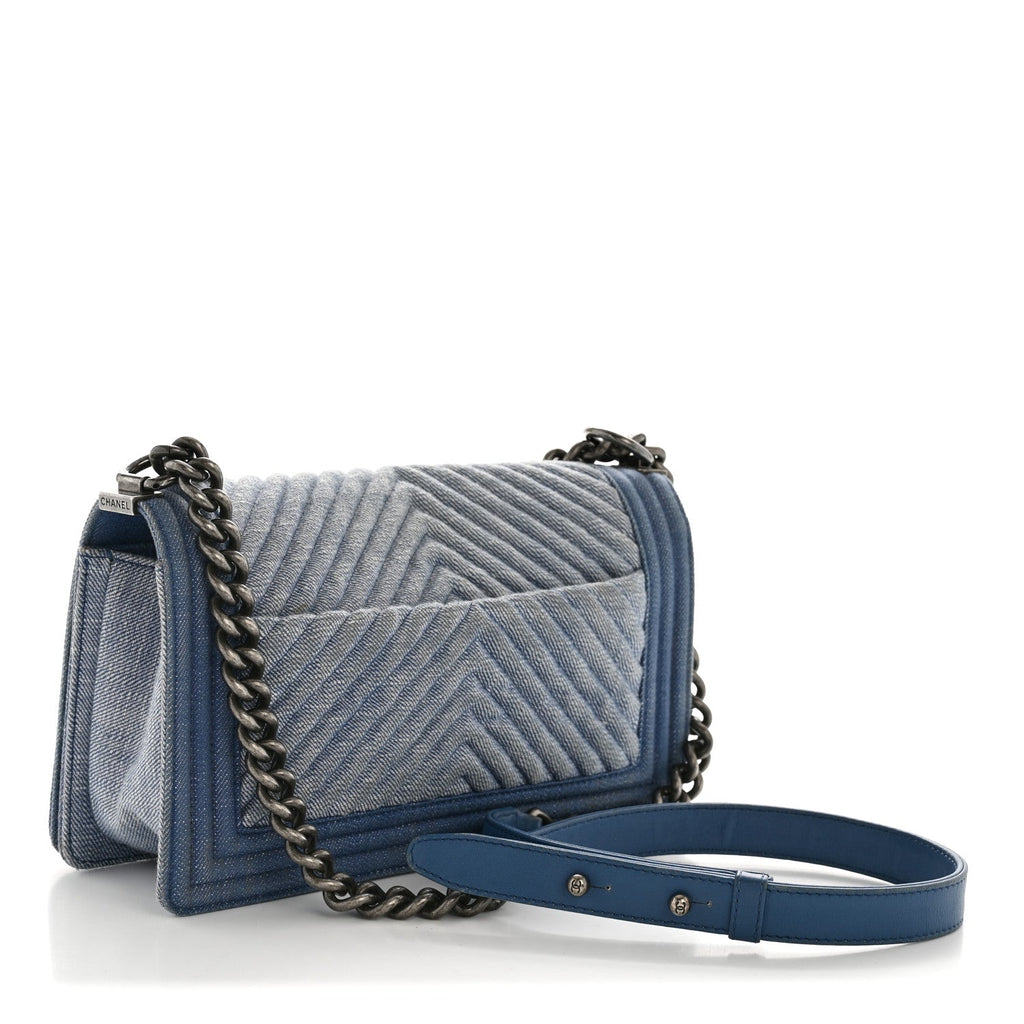 Denim Chevron Quilted Medium Boy Flap Blue