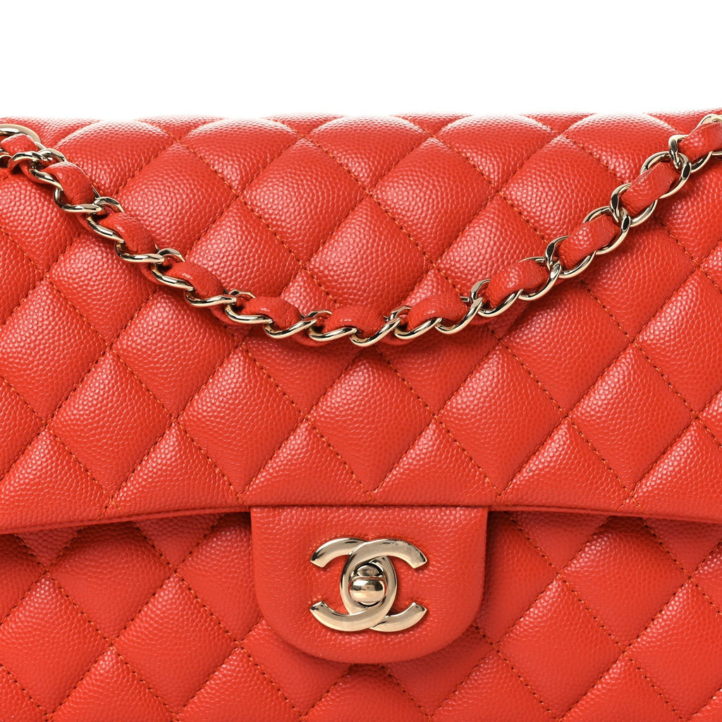 Caviar Quilted Medium Double Flap Light Red