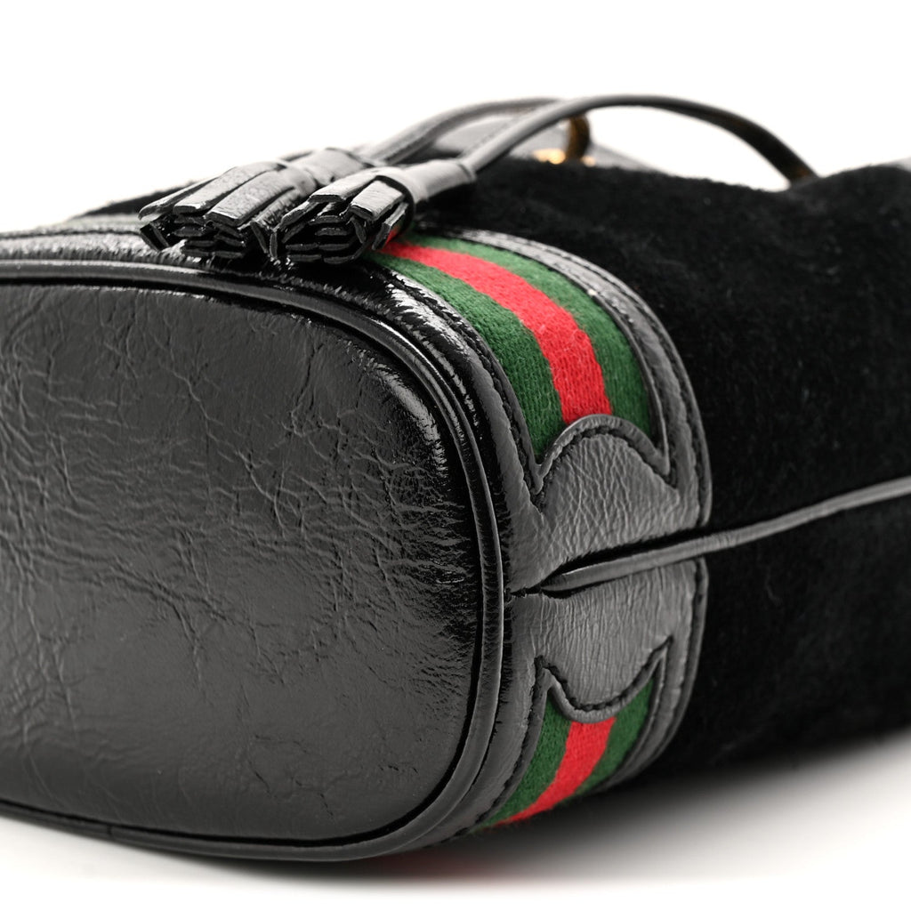 Suede Patent Web Mini Ophidia Bucket Bag Black