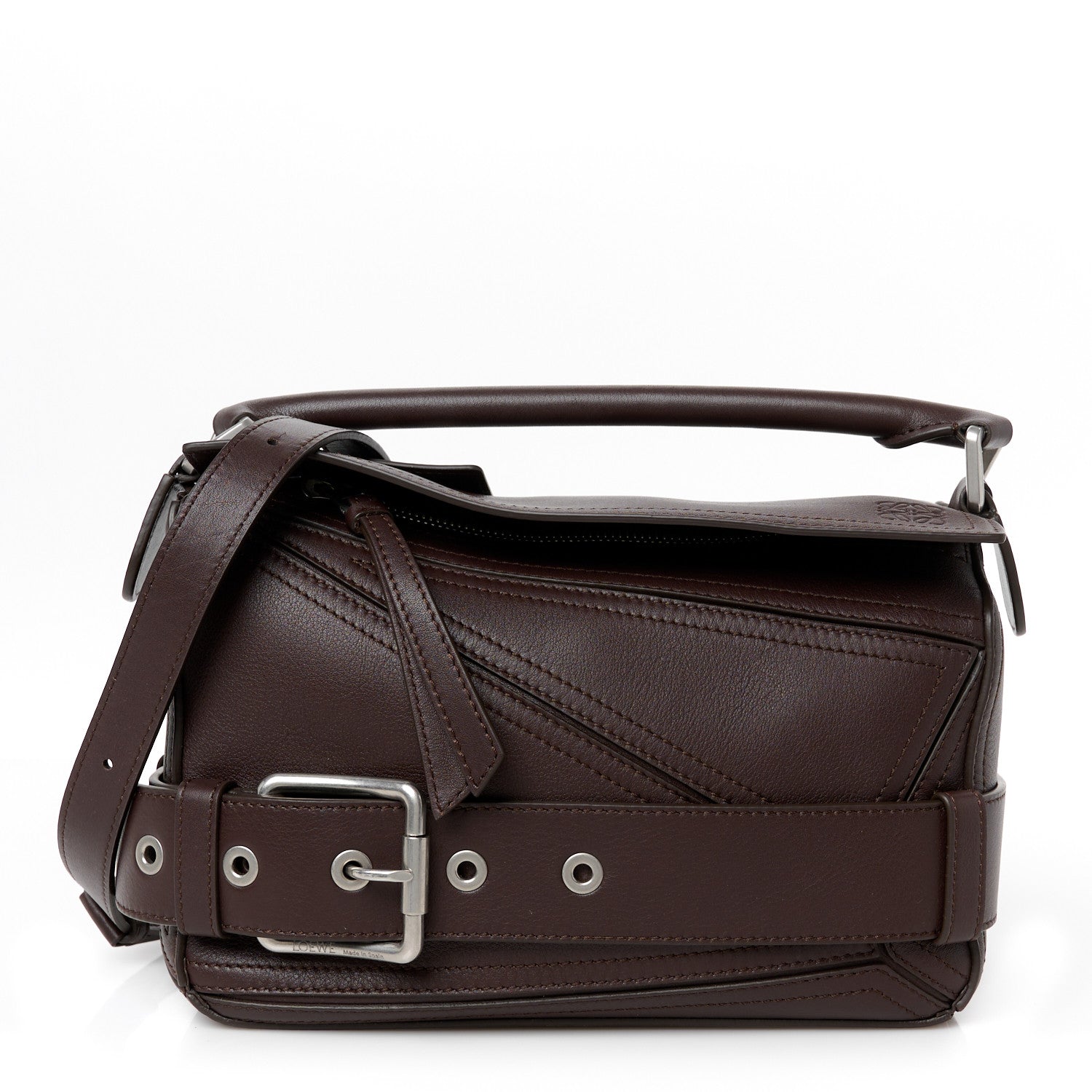 Shiny Calfskin Small Puzzle Biker Bag Dark Brown