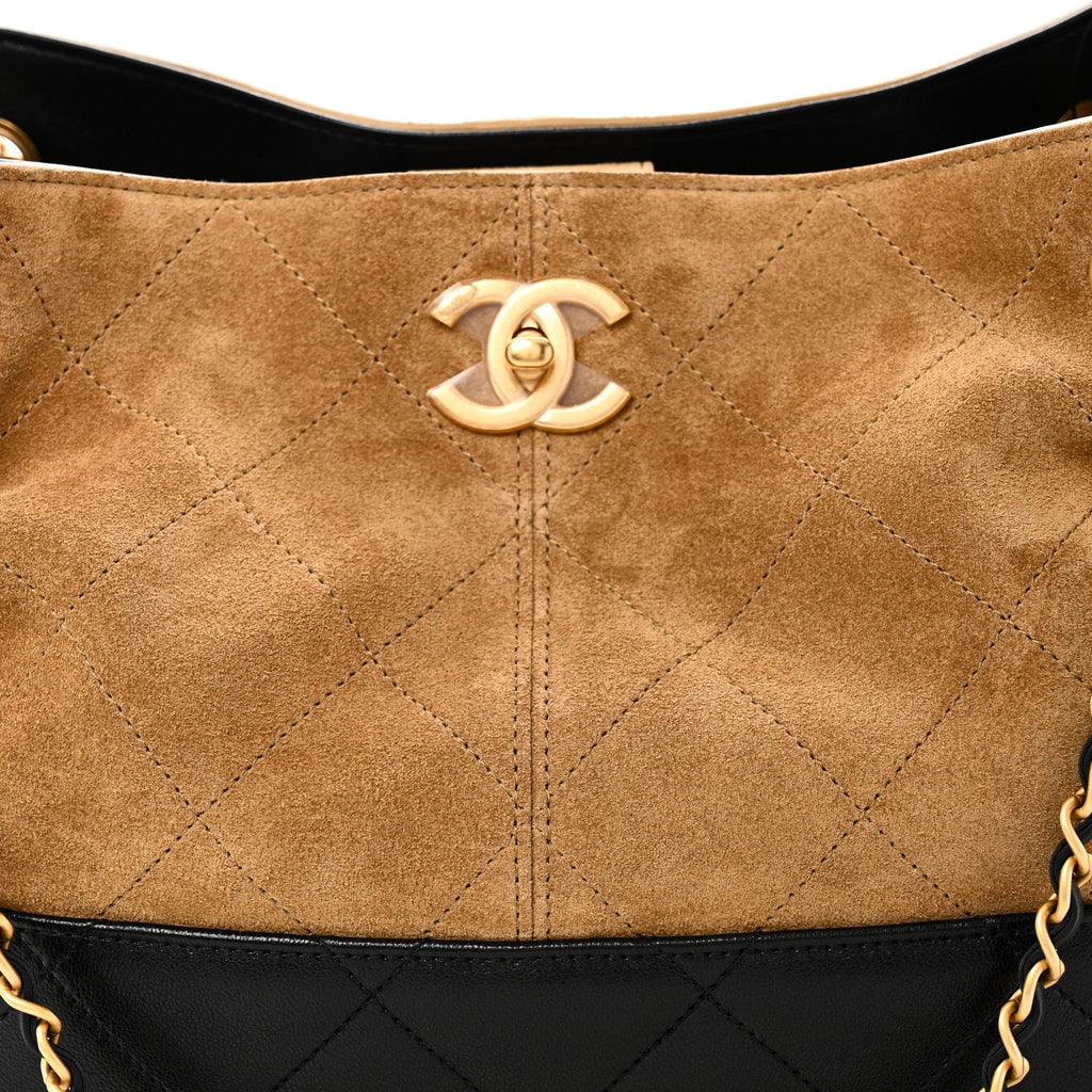 Suede Calfskin Shiny Lambskin Quilted Small Coco Base Shopping Bag Beige Black
