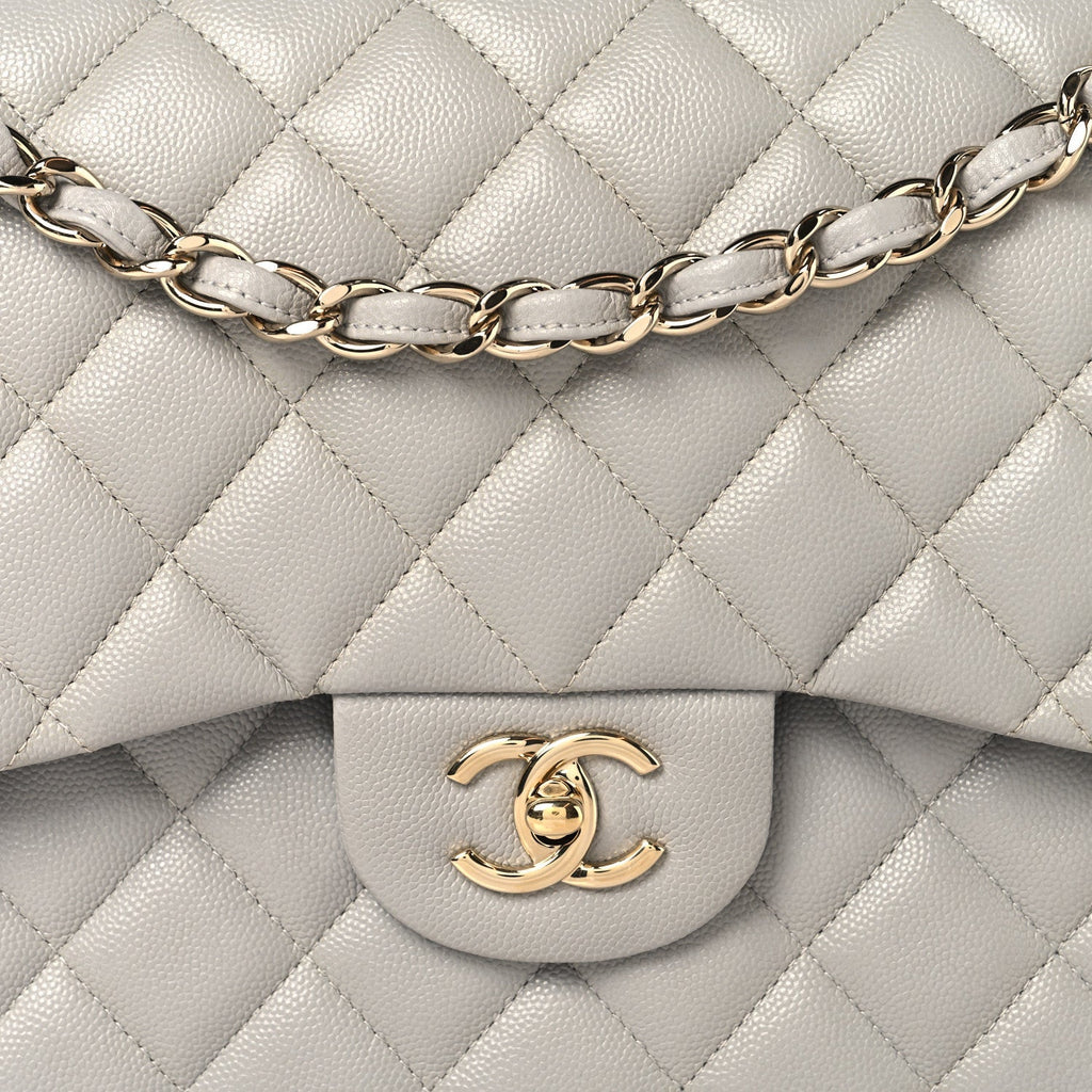 Caviar Quilted Jumbo Double Flap Grey