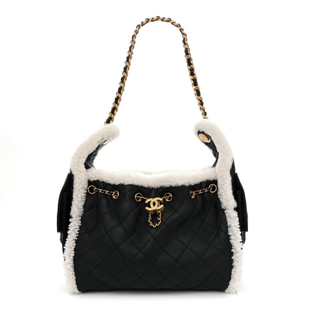 Crumpled Sheepskin Shearling Quilted Small Chanel 25 Handbag Black White