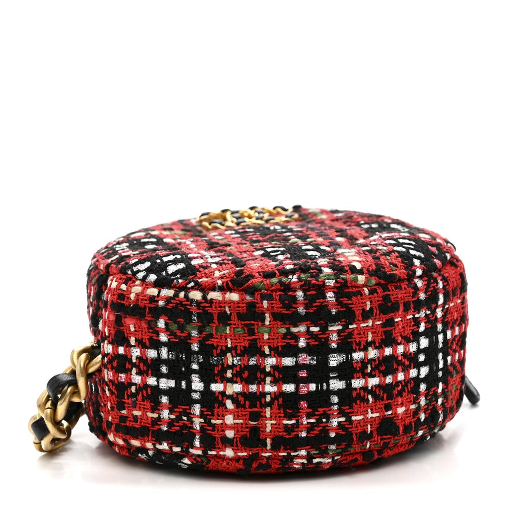 Tweed Quilted Chanel 19 Round Clutch With Chain  Red Black White Green