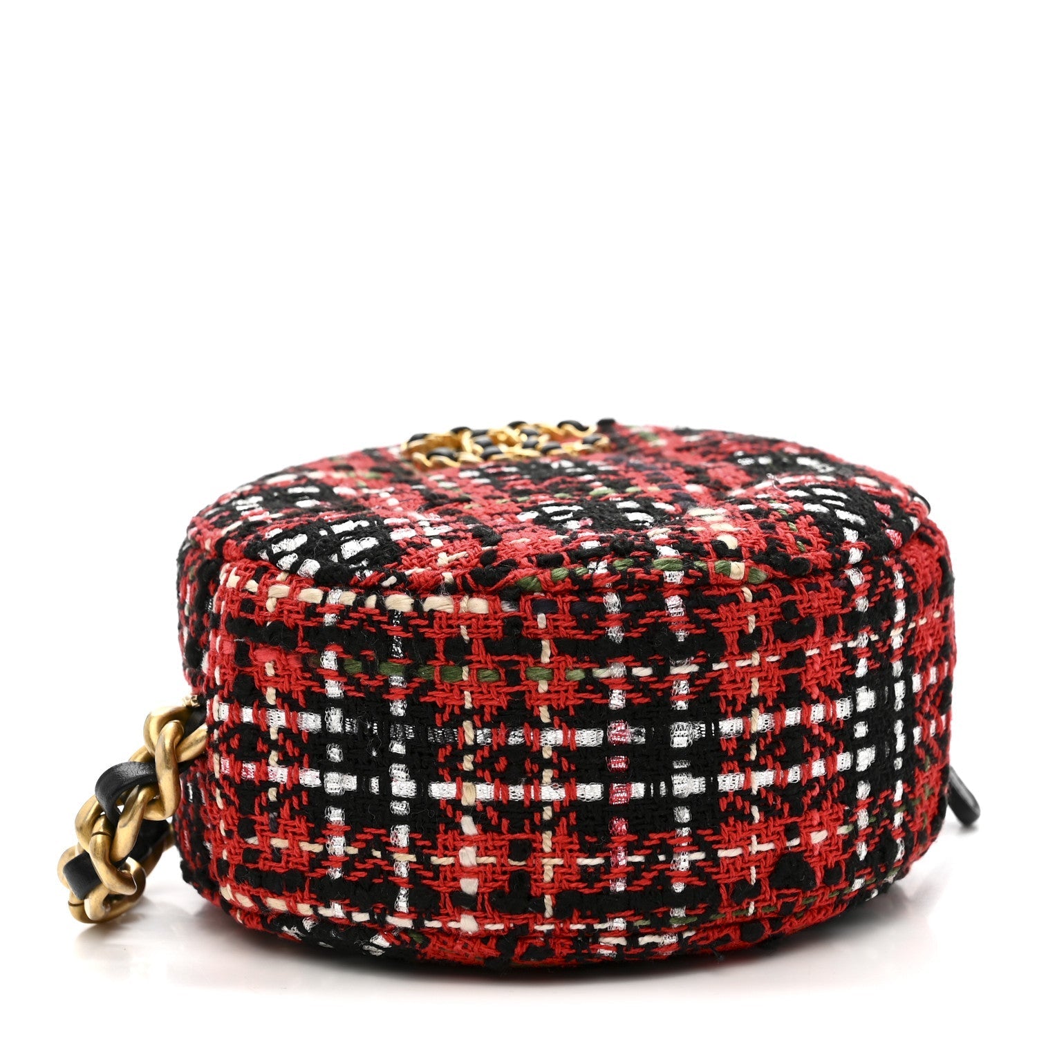 Tweed Quilted Chanel 19 Round Clutch With Chain  Red Black White Green