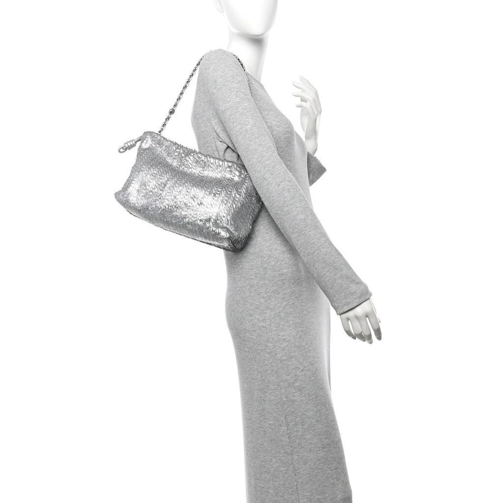 Metallic Nappa Calfskin Fringed Medium Chain Flamenco Knot Purse Silver