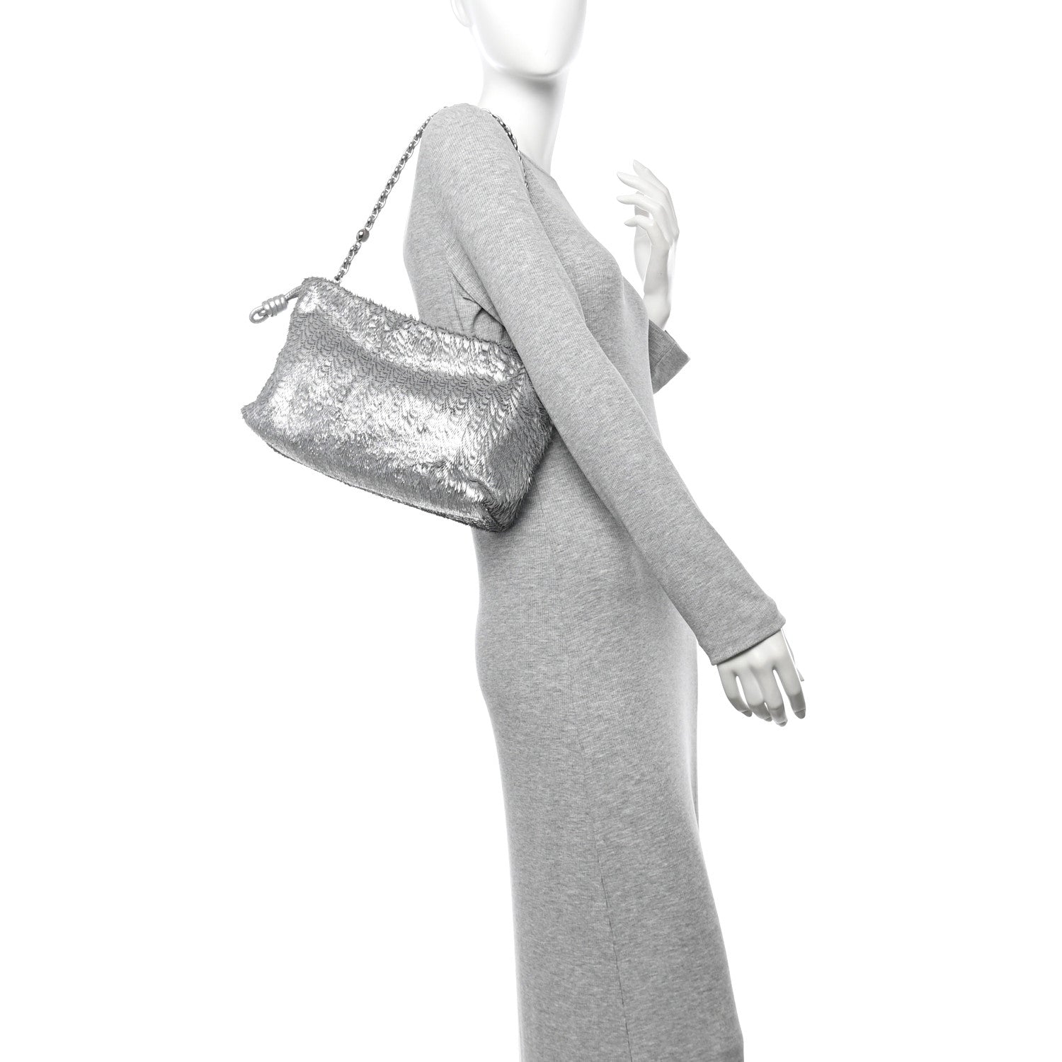 Metallic Nappa Calfskin Fringed Medium Chain Flamenco Knot Purse Silver