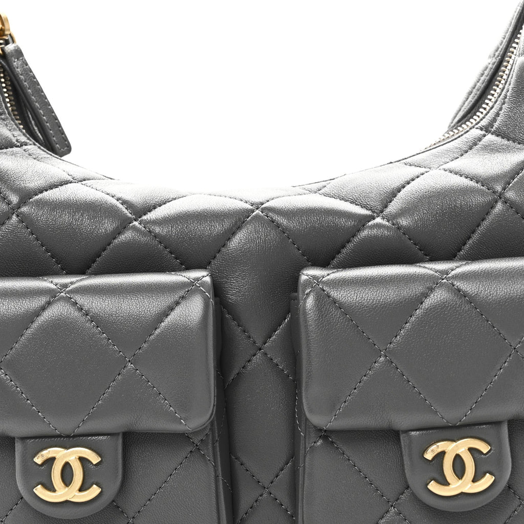 Shiny Lambskin Quilted Large Trendy Pockets Hobo Grey