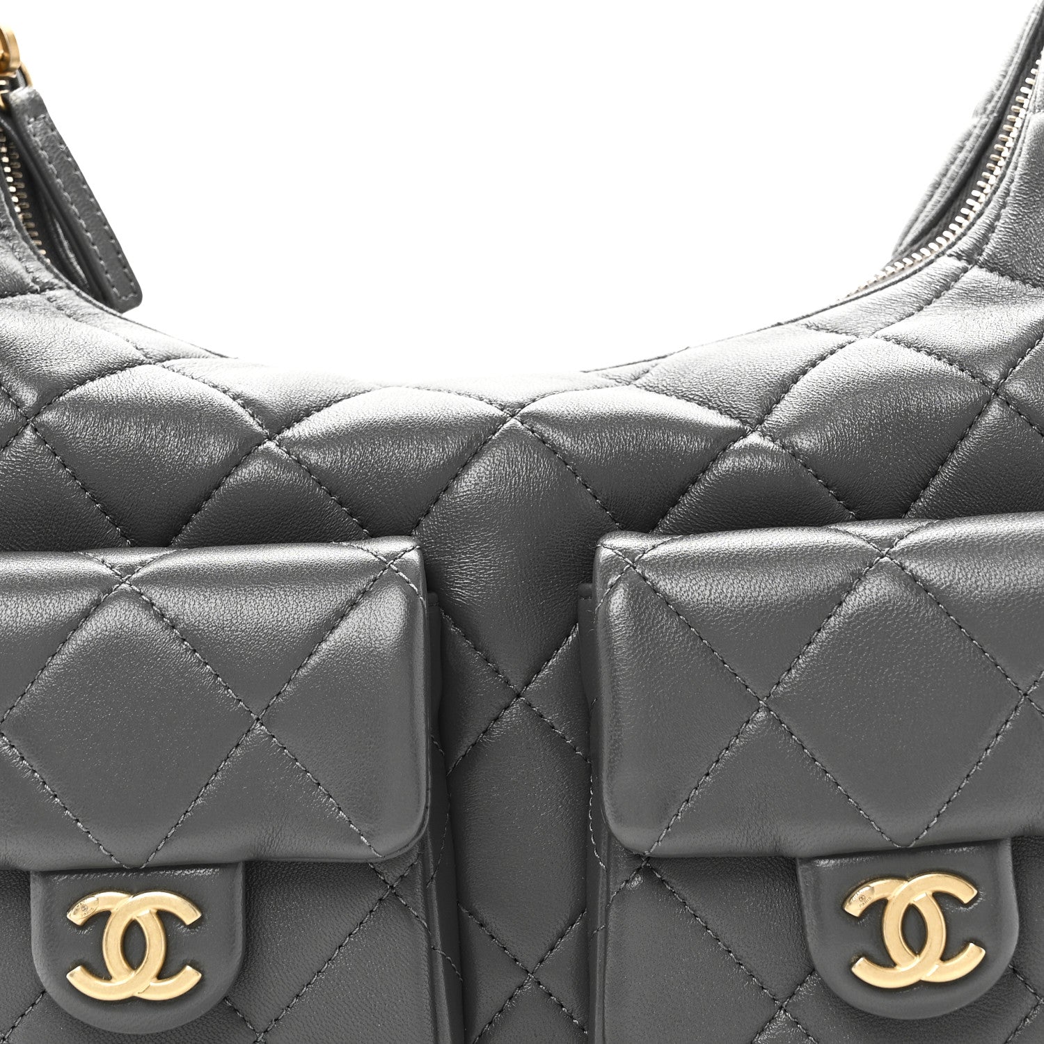 Shiny Lambskin Quilted Large Trendy Pockets Hobo Grey